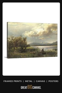 an image of a painting with clouds in the sky over water and trees on land