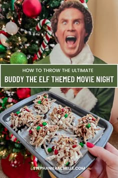 How the throw the ultimate Buddy the Elf Christmas Movie Night this Holiday Season Elf Snacks Parties Food, Buddy The Elf Activities, Elf Movie Dinner Ideas, Elf Inspired Food, Christmas Movie And Dinner, Elf Movie Night Ideas, Christmas Movie Recipes, Elf Movie Party Ideas, Elf Movie Food Ideas