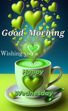 a coffee cup with hearts coming out of it and the words good morning wishing you a happy wednesday