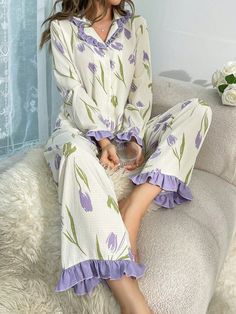 Women's Tulip Printed Ruffled Hem Pajama Set Apricot Cute  Long Sleeve Woven Fabric Plants Pant Sets Slight Stretch All,Fall/Winter Women Sleep & Lounge, size features are:Bust: ,Length: ,Sleeve Length: Button Down Pajama Set, Ruffle Pajama Set, Pj Sets Women, Korean Pjs, Cottagecore Loungewear, Sleepwear Women Nightwear, Night Suit For Women, Womens Sleepwear, Cotton Pajamas Women