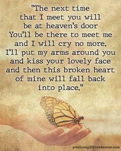 a person holding a butterfly in their hand with the quote,'the next time that i met you will be at heaven's door