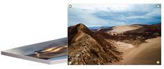 two pictures of mountains with clouds in the sky and one has a photo of sand dunes