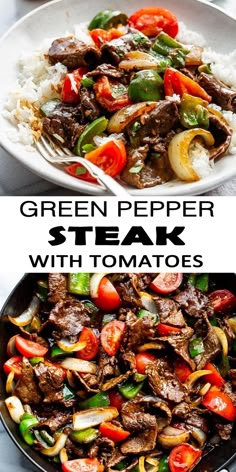 steak with tomatoes and peppers in a skillet on top of rice, next to the same dish