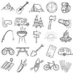 various camping related items drawn in black and white