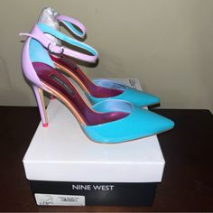 Nine West Faiz 3 Pointed Toe Heels Shoes Size 6.5 M Blue Purple Patent Leather. New With Box. Box Has Some Wear From Storage. One Shoe In Original Paper Packaging. Shoes Size 6, Paper Packaging, Pointed Toe Heels, Heels Shoes, Nine West, Patent Leather