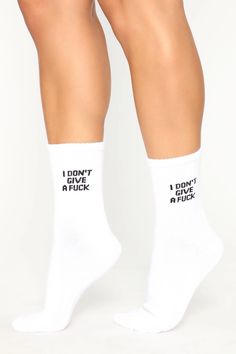 Available In White/Black Crew Socks "I Don't Give A Fuck" Verbiage Ribbed Detail 90% Cotton 10% Spandex Imported California Proposition 65 WARNING: Cancer and Reproductive Harm - www.P65Warnings.ca.gov. | I Don't Give A Fuck Socks in White/Black by Fashion Nova Socks Outfit, Business Party, Best Swimsuits, Over The Knee Socks, Free Dresses, White Dresses For Women, Swimsuit Shops, Womens Black Dress, Custom Jewelry Design