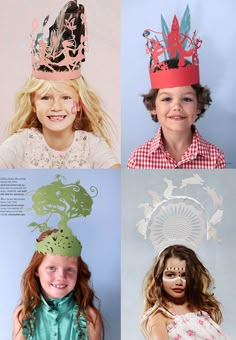 four children's hats with different designs on them and one girl wearing a green dress