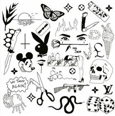 black and white drawing of various items that include scissors, skull, flowers, butterflies, etc