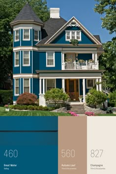 a blue house with white trim on the front, and brown trim on the back