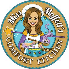 the logo for miss moppet's comfort kitchen, with a woman cooking in a pot