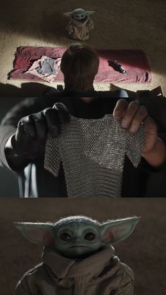 the child yoda from star wars is shown in three different pictures, one with an object on it's chest