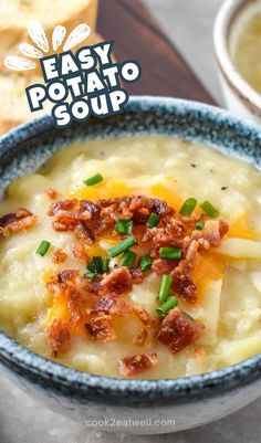 a bowl of potato soup with bacon on top