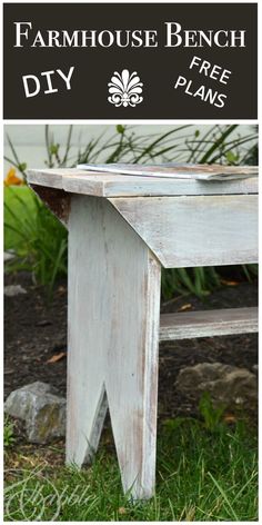 a wooden bench sitting in the grass next to a sign that says farmhouse bench diy