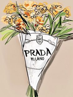 a bouquet of flowers in a vase with the words prada mulano on it