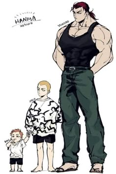 a drawing of a man standing next to a little boy with his hands on his hips