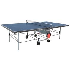 the ping pong table is set up with wheels for two people to play tennis