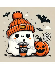 a cute little ghost with a cup of coffee