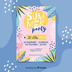 a flyer for a summer party with tropical leaves and flamingos on the blue background