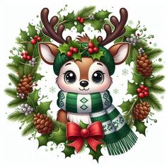 a cute deer wearing a scarf and hat with holly wreath around it's neck