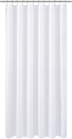 a white shower curtain hanging on a metal rod