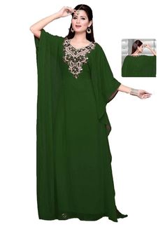 Kaftan for women Red Color Summer Kaftan With Dabka Work, Embellished Georgette Maxi Kaftan, Embellished Maxi Length Georgette Kaftan, Long Chiffon Kaftan For Eid, Green Embellished Kaftan For Evening, Evening Green Embellished Kaftan, Green Embellished Evening Kaftan, Eid Long Maxi Dress, Green Floor-length Kaftan With Dabka Work