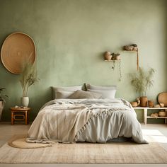 a bedroom with green walls and white bedding