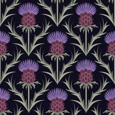 an image of a thistle flower pattern on a black background with purple flowers and leaves