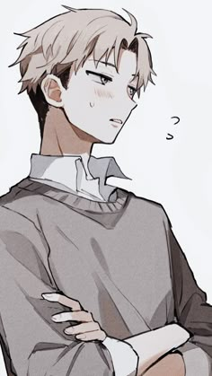 an anime boy with his arms crossed and looking at the camera while wearing a gray shirt