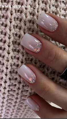 Gel Manicure For Wedding, Pale Pink Wedding Nails For Bride, Bridal Nails Medium Length, Bride Nail Designs White, Trendy Neutral Nails With Sparkle, Bride's Nails Design, Sns Full Set Nails, Mail Glitter Design, Birthday Nails Neutral Colors