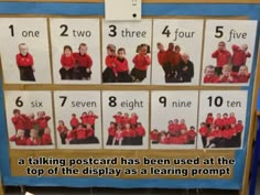 a bulletin board with pictures of children in red shirts and numbers for each child's age