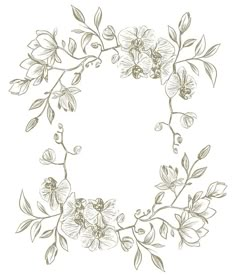 a drawing of flowers and leaves in the shape of a circle on a white background