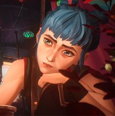 an animated image of a woman with blue hair