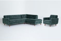 a green couch and chair sitting next to each other on a white surface with one arm extended