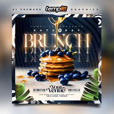 a flyer for a brunch party with blueberries and syrup on top of pancakes