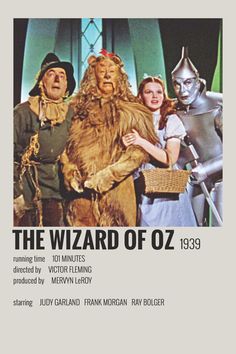 an advertisement for the wizard of oz 1939, with three people dressed in costumes and holding a basket