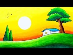 a painting of a house on a hill with trees