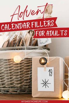 a basket filled with christmas lights next to a calendar