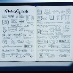 an open notebook with doodles on it and the words date lyquts