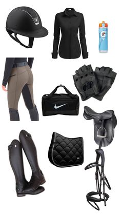 several different types of equestrian gear including riding boots, gloves and saddles are shown