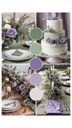 the table is set with purple flowers and greenery