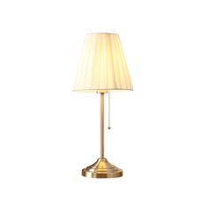 a gold lamp with a white shade on it's base and a chain hanging off the side