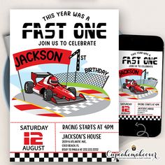 Fast One Red Race Car Birthday Invites Fast One Invitation Template, F1 First Birthday Party, Ferrari Themed Birthday Party, Formula One Birthday Party, Race Car Themed Birthday Party, Race Car Themed Party, Car Themed Birthday Party, Car Themed Party, Car Birthday Party Invitations