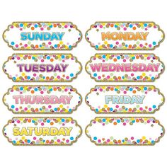 four days of the week labels with confetti