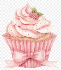 a cupcake with pink frosting and a bow on top, transparent background png