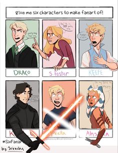 some comics that have different characters in them and one is pointing at the light saber