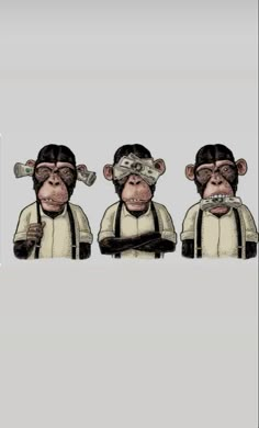 three monkeys wearing glasses and ties with money in their mouths