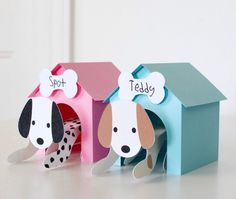 two paper houses with dogs in them that say spot and teddy