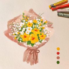 a bouquet of yellow and white flowers with crayons next to it