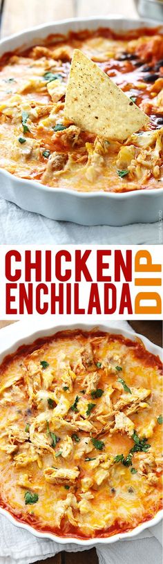 chicken enchilada dip in a casserole dish with tortilla chips