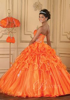 Orange prom dress Orange Quince Dresses, Orange Quince, Orange Wedding Dress, Peacock Prom Dress, Orange Dress Wedding, Quinceanera Gowns, Orange Wedding Theme, Orange Weddings, Orange Wedding Colors